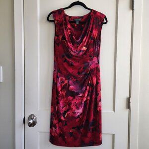 Lauren Ralph Lauren Red Floral Ruched Sheath Dress Size 8 Wedding Guest